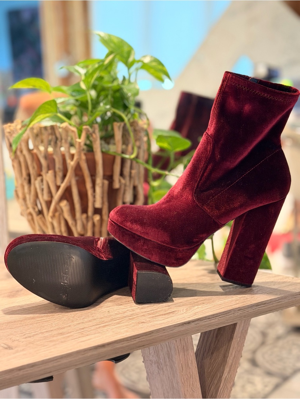 Standfast Burgundy Velvet Platform Ankle Boots | 70s Glam | Size 9